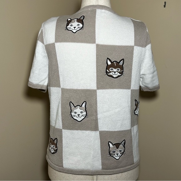 Christopher & Banks Cat Sweater Cardigan Beige White Checkered Short Sleeve - Picture 3 of 11